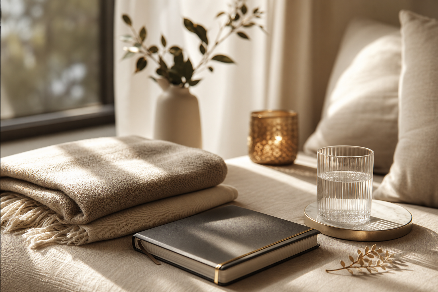 Quiet integration space with blanket, notebook, and soft morning light